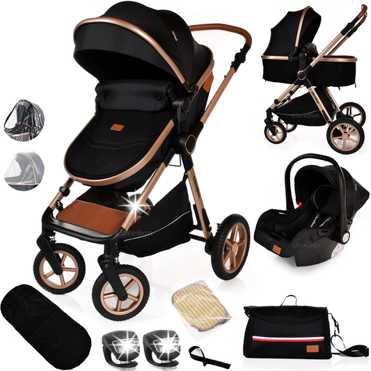 Librebon Baby Pram Pushchair Foldable Buggy Travel System With Car Seat From Birth Black Gold