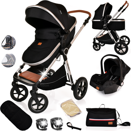 Librebon Baby Pram Pushchair Foldable Buggy Travel System With Car Seat From Birth Black Silver