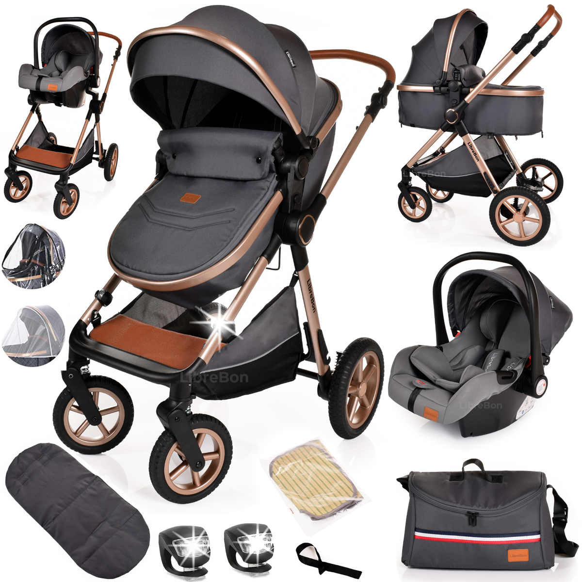 Librebon Baby Pram Pushchair Foldable Buggy Travel System With Car Seat From Birth Grey Gold