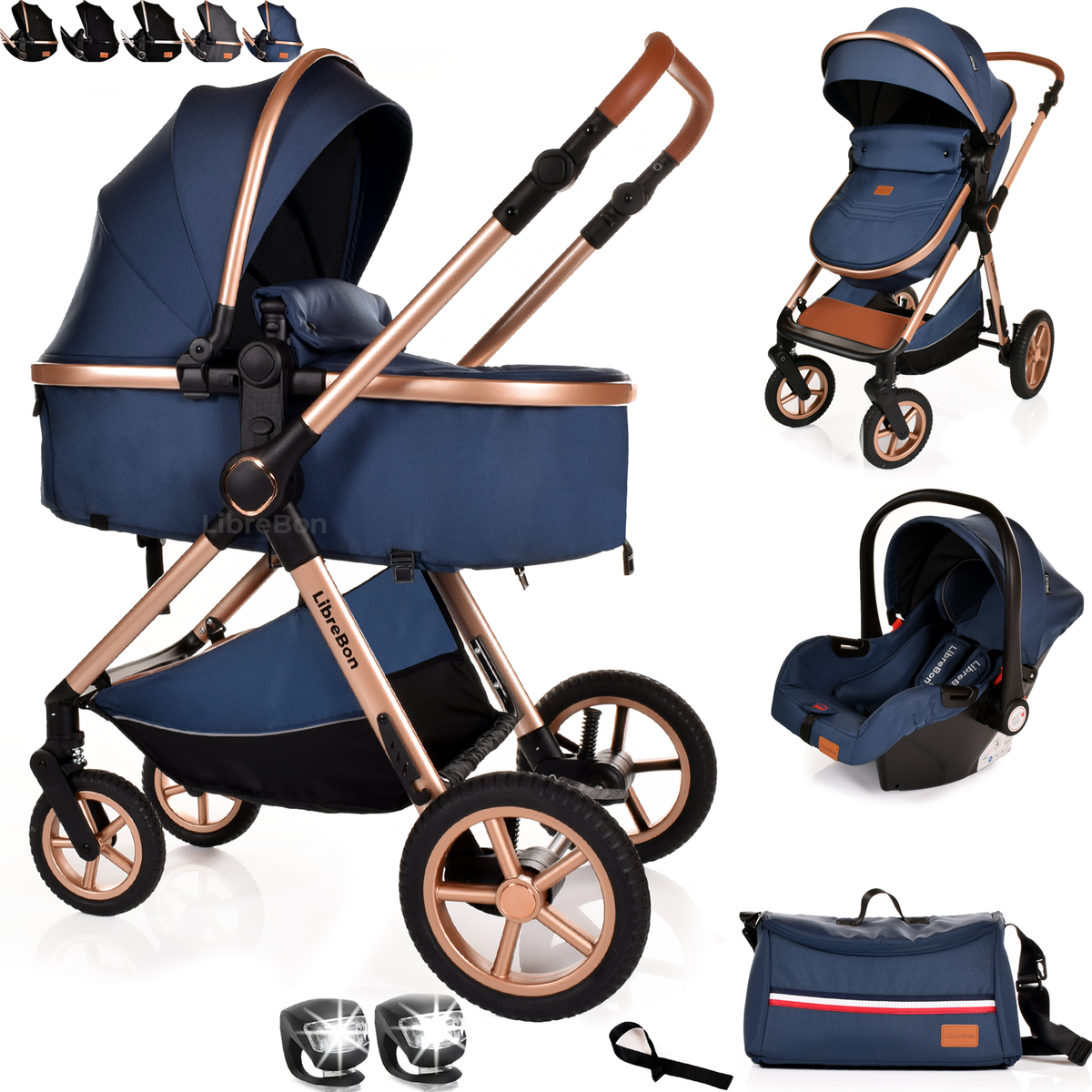 Librebon Baby Pram Pushchair Foldable Buggy Travel System With Car Seat From Birth Blue Gold