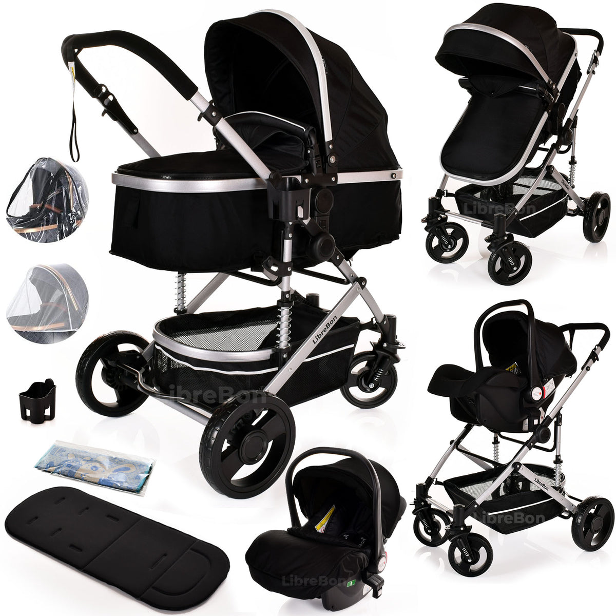 Librebon Baby Pram  Pushchair Buggy 3 in 1 Travel System With Car Seat Black Silver