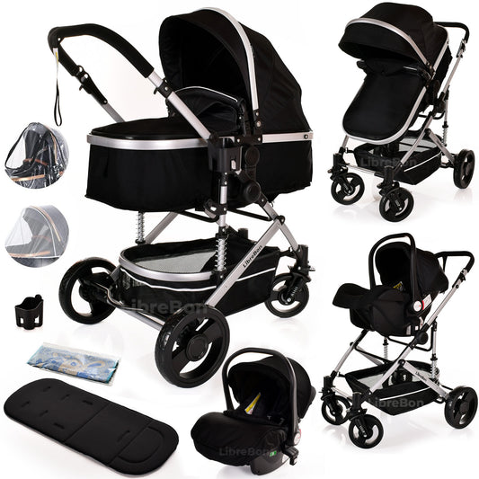 Librebon Baby Pram  Pushchair Buggy 3 in 1 Travel System With Car Seat Black Silver
