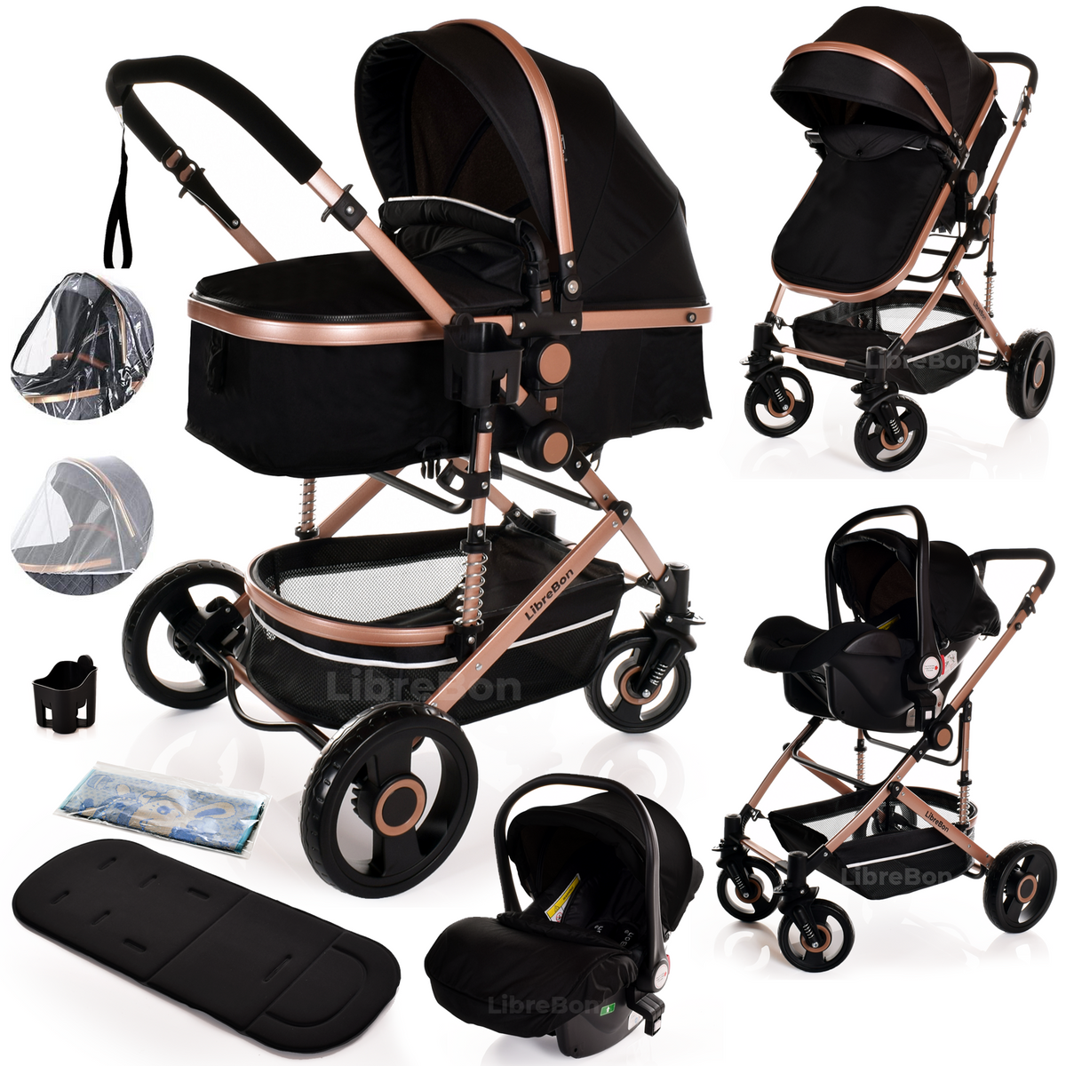 Librebon Baby Pram  Pushchair Buggy 3 in 1 Travel System With Car Seat Black