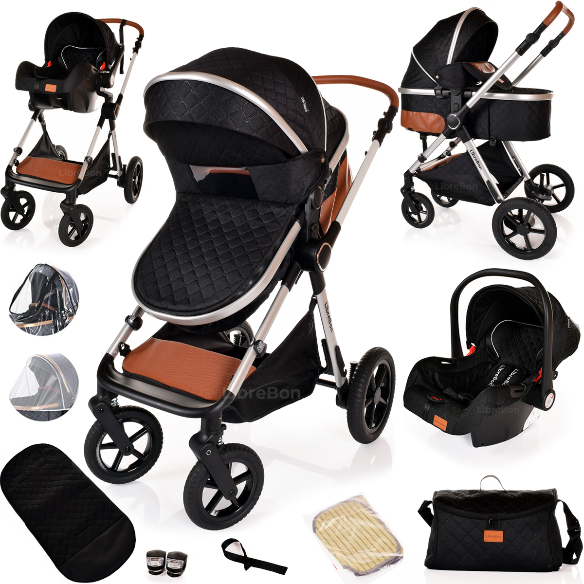 Librebon Baby Pram Buggy Travel System With Car Seat Black Silver